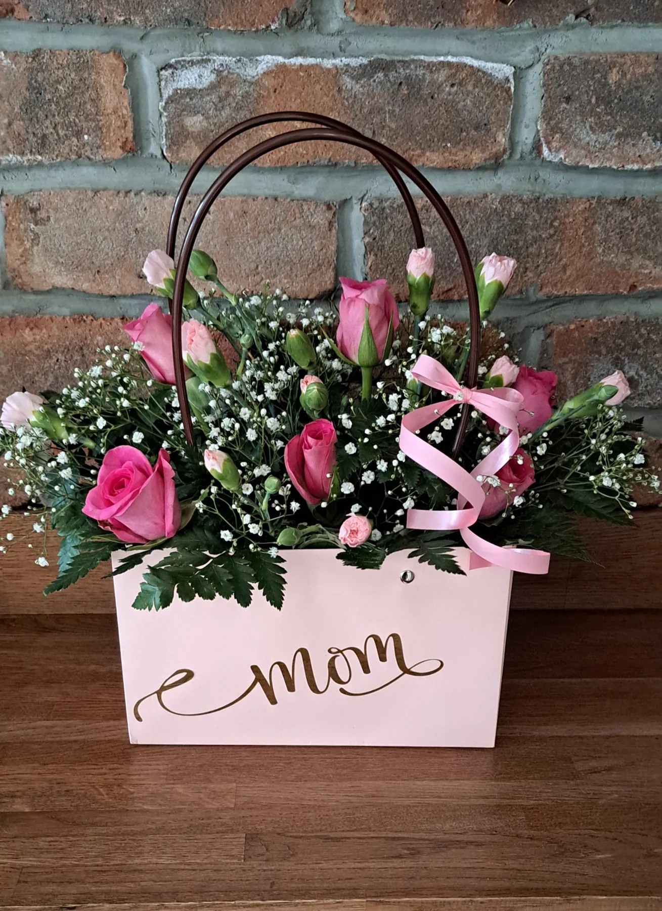 Mother's Day flower arrangement in a keepsake 'Mom' bag by Polly's Flowers